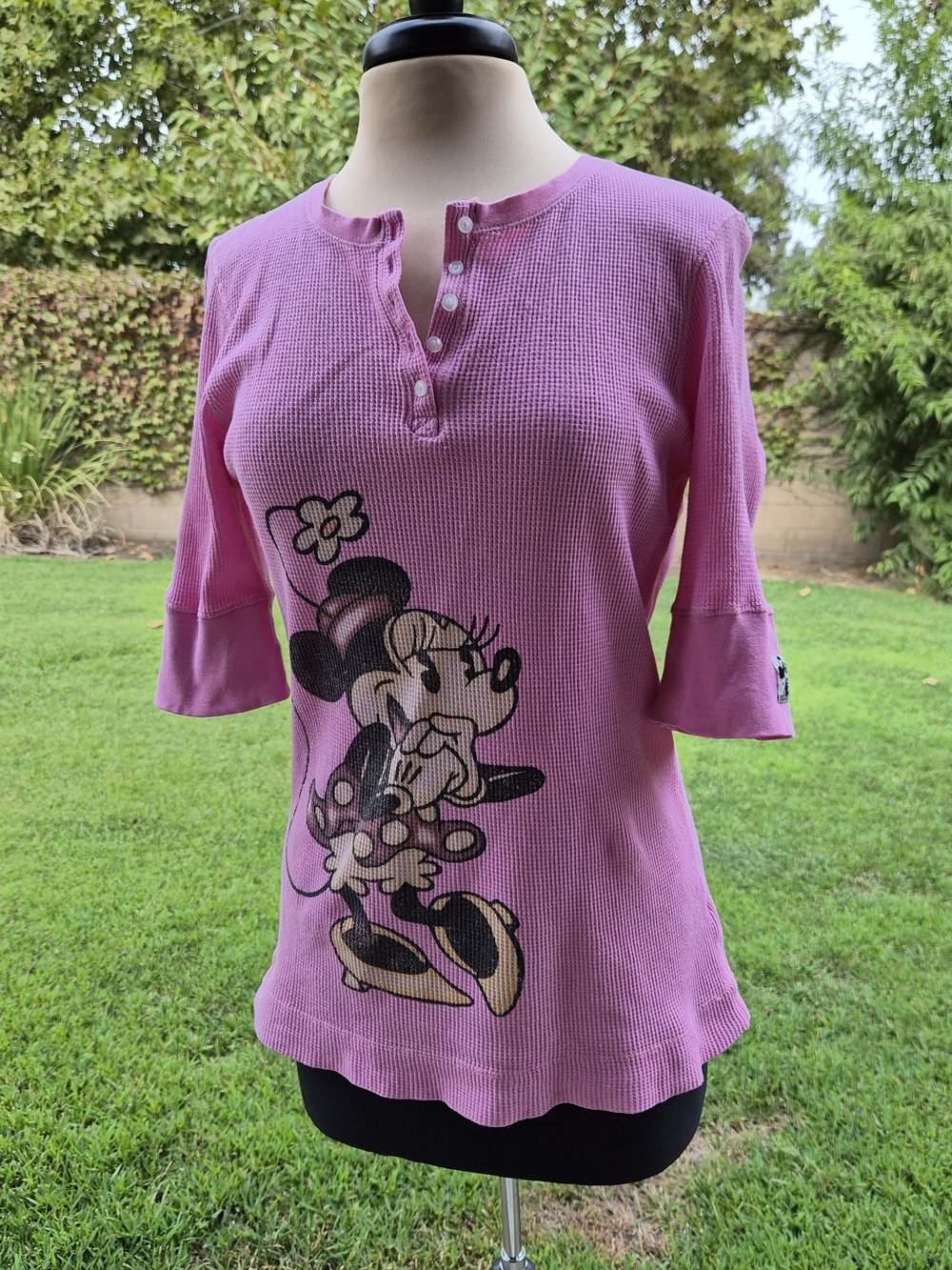 Pink Minnie Mouse Waffle-Knit Henley Top #0505